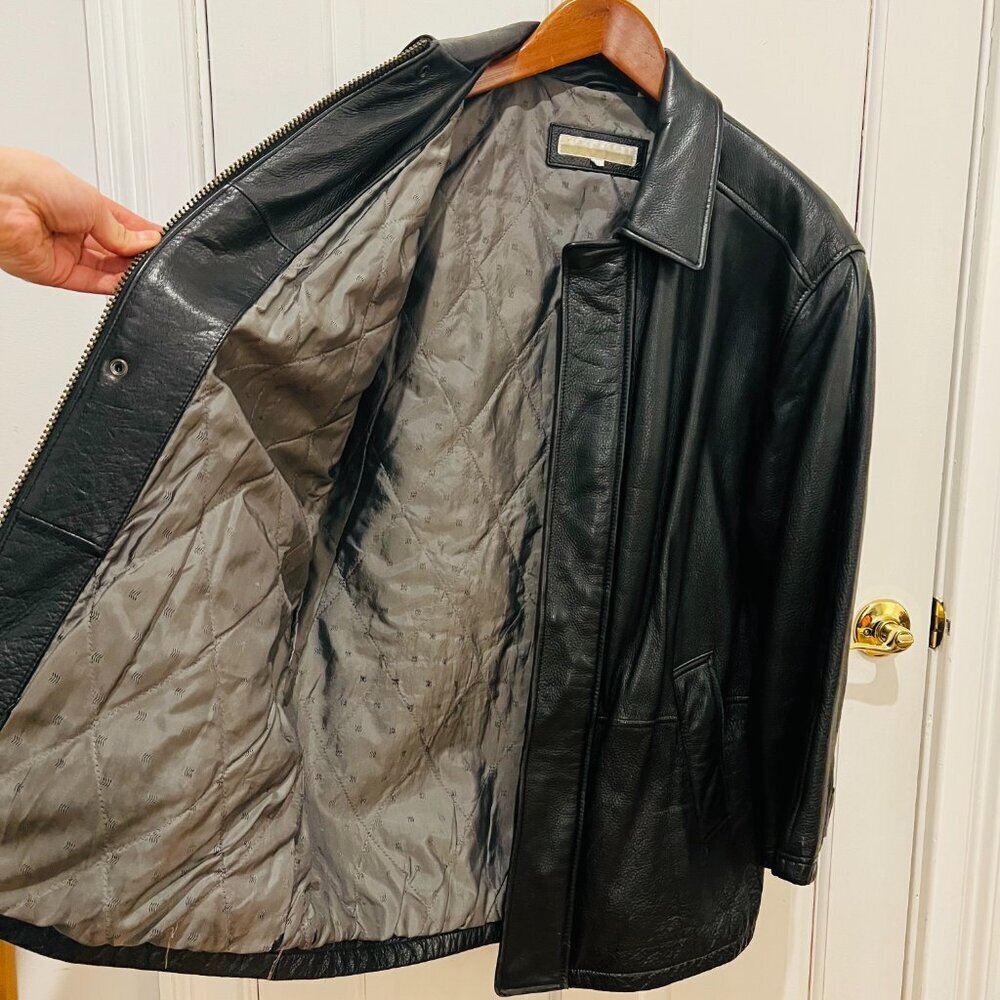 Vintage 90's Perry Ellis Mens Classic Heavyweight Leather Jacket Black Large - Picture 7 of 16